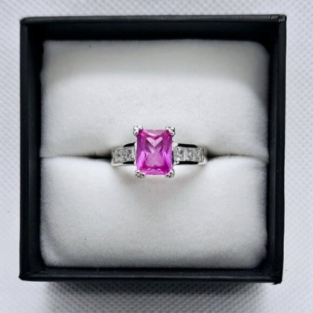 Pink CZ Statement Ring Size 8 Emerald Cut Cocktail Silver Tone